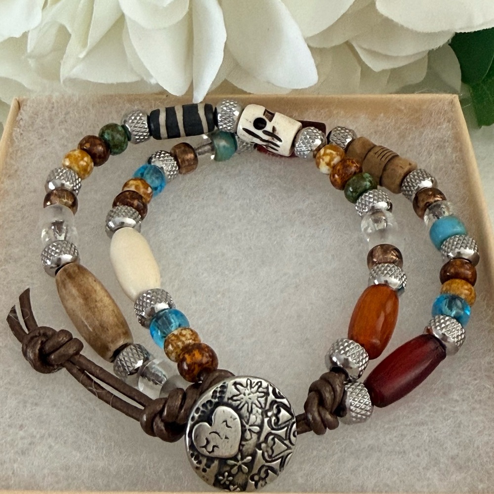 Boho Bead Double Strand Leather Wrap Bracelet